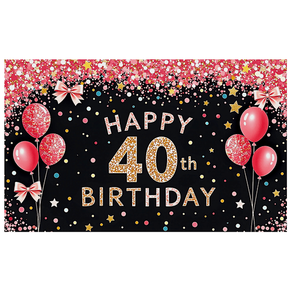Glittery Rose Gold 40th Birthday Banner with Balloons and Stars Background Backdrop Party Supplies for Photography Props Birthday Party Decorations Celebrations Event Decor
