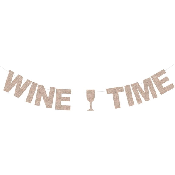 Glittery Rose Gold Wine Time Banner for Wine Tasting Party Bunting Drink/Alcohol Party Paper Backdrop Decorations
