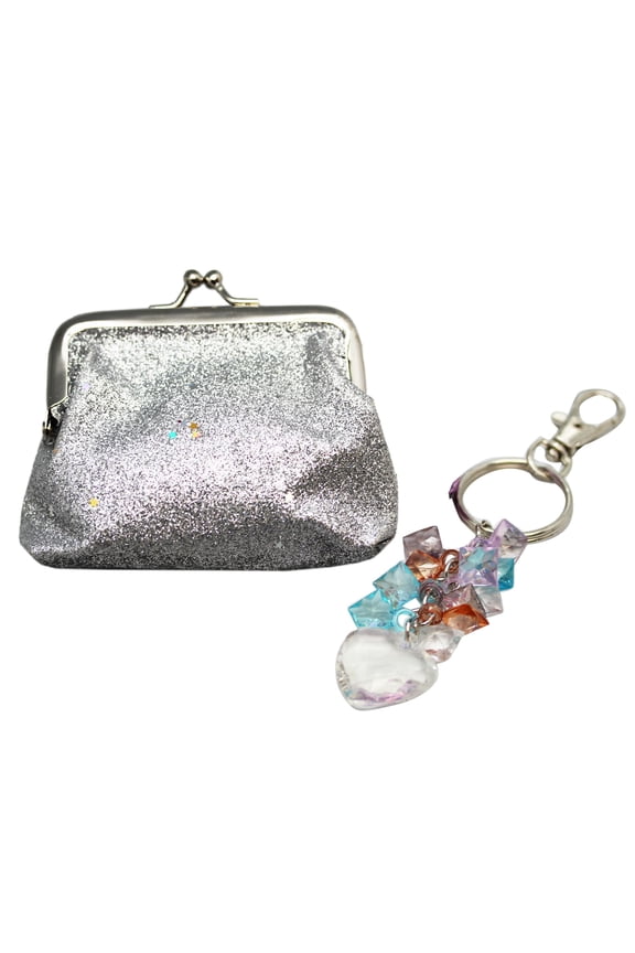Glittery Silver Colored Coin Purse and Keyring Set