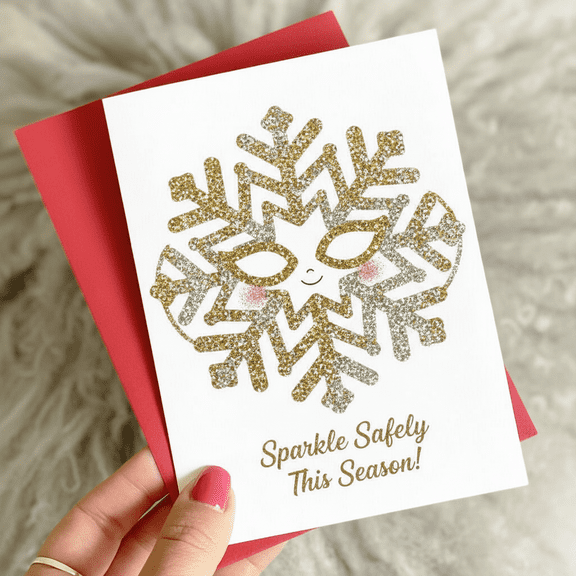 Glittery Snowflake Greeting Card  "Sparkle Safely This Season!"  Perfect for Holiday Wishes and Celebrations  Includes Red Envelope, Blank Inside for Personal Messages