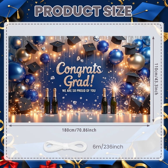 Glittery Text Congrats Grad Banner Blue & Gold Theme Graduation Backdrop Sparkling Firework Champagne Bottle Graduation Display for Graduation Party College Graduation Indoor Celebration