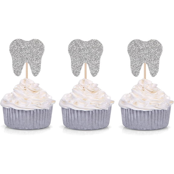 Glittery Tooth Cupcake Toppers Kids Birthday Party Baby Shower Dessert Decorations - 10pcs