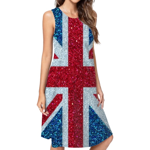 Glittery Union Jack Flag Casual Sleeveless Loose Sundress Dress For Women Summer Dress Daily Woman