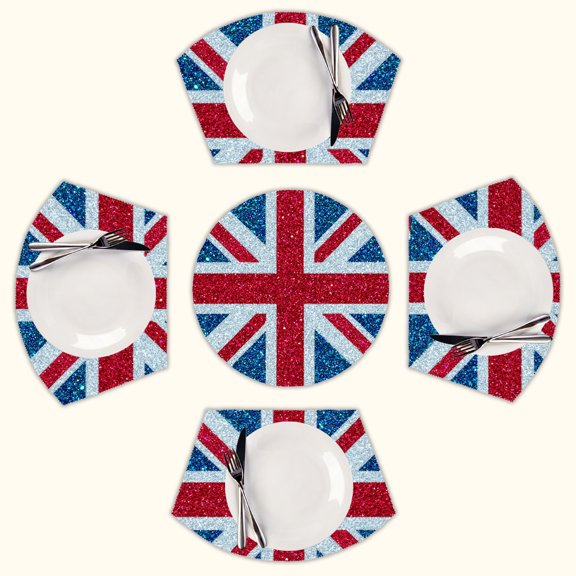 Glittery Union Jack Flag Round Table Placemats Set Of 5 Wedge Table Mats Washable Heat Resistant Place Mat For Dining Table Kitchen Farmhouse Restaurant