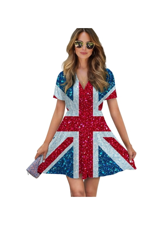 Glittery Union Jack Flag Women Dress V-Neck Short Sleeve Flowy Swing Party Midi Dress