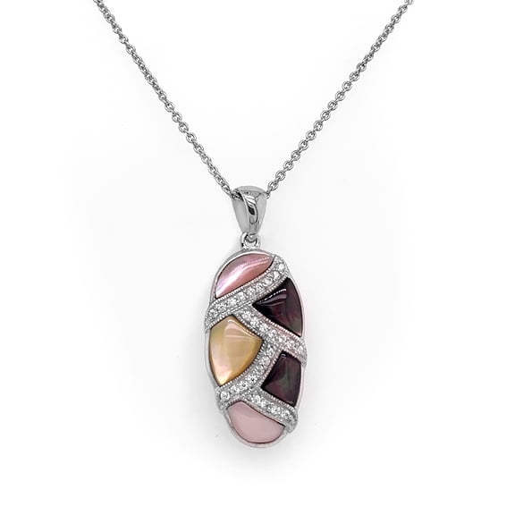Glitz Design Mother of Pearl Necklace White Gold Rhodium Finish CZ Glitz Design