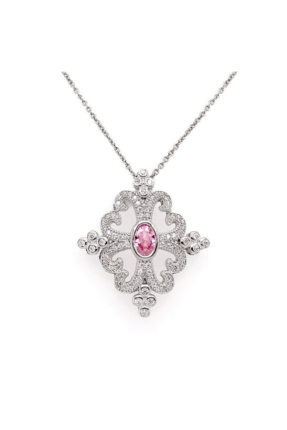 Pink Oval Center Stone Necklace White Gold Rhodium Finish CZ Glitz Design