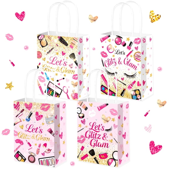 Glitz & Glam Makeup Theme Party Favor Bags - 12-Pack Decorative Gift Bags for Beauty Parties, Birthdays & Gatherings