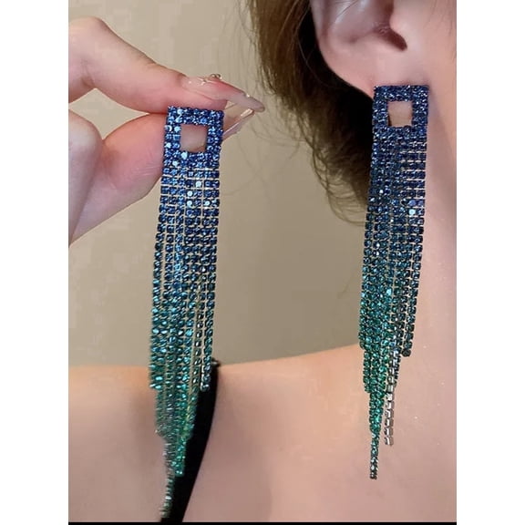 RubyLee Elegance Fringe Statement Tassel Blue Green, Rhinestone Earrings, Stainless Steel, Pair, 2