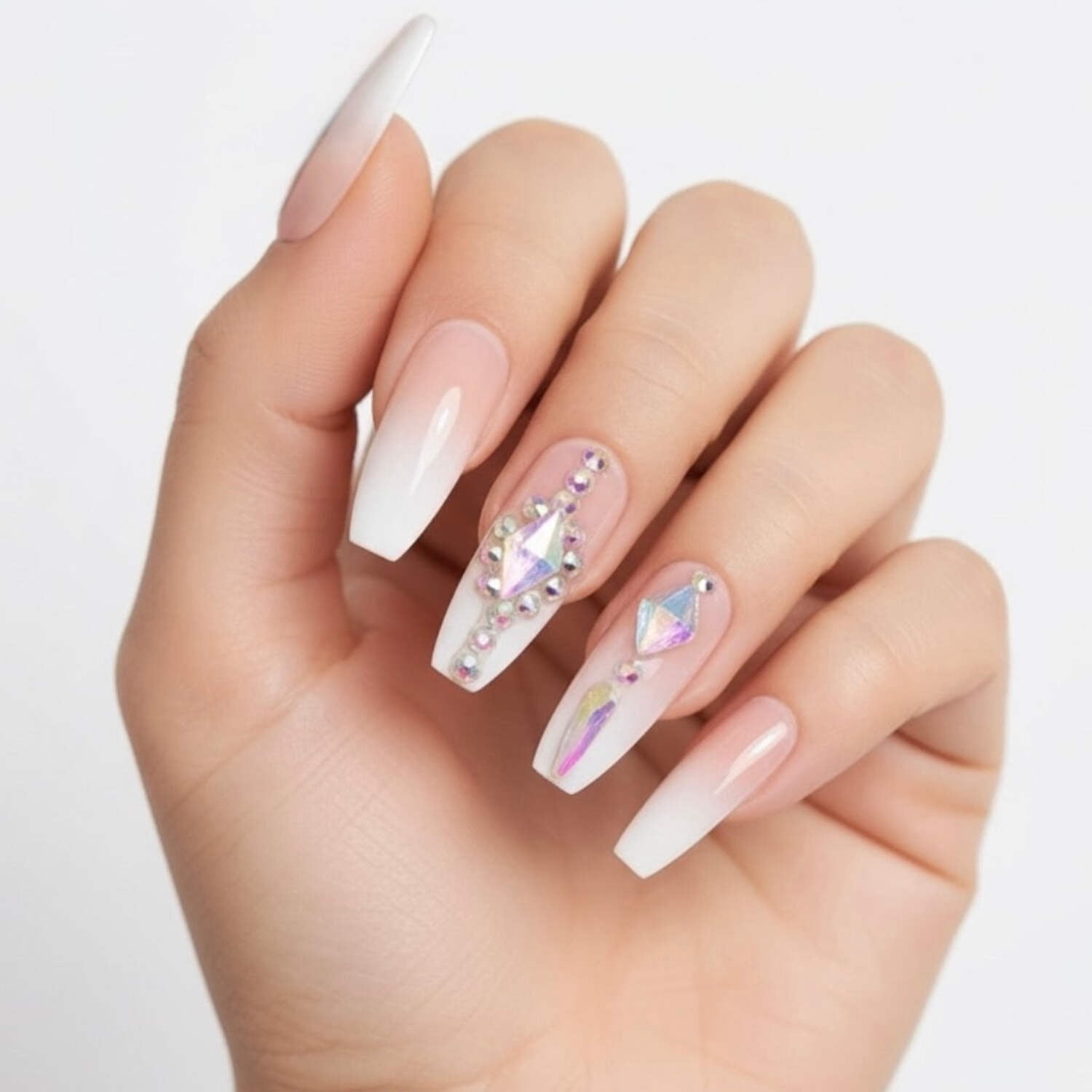 Glitz Gleam, Nude Ombre French 3D Crystal Press On Nails, Extra Long Ballerina Fake Nails Set