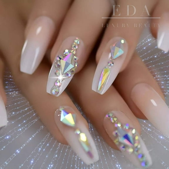 Glitz Gleam, Nude Ombre French 3D Crystal Press On Nails, Extra Long Ballerina Fake Nails Set