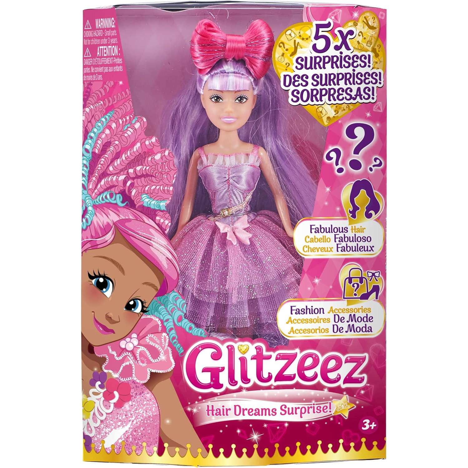 Glitzeez Hair Dreams Surprise! Purple Dress Doll (5 Surprises