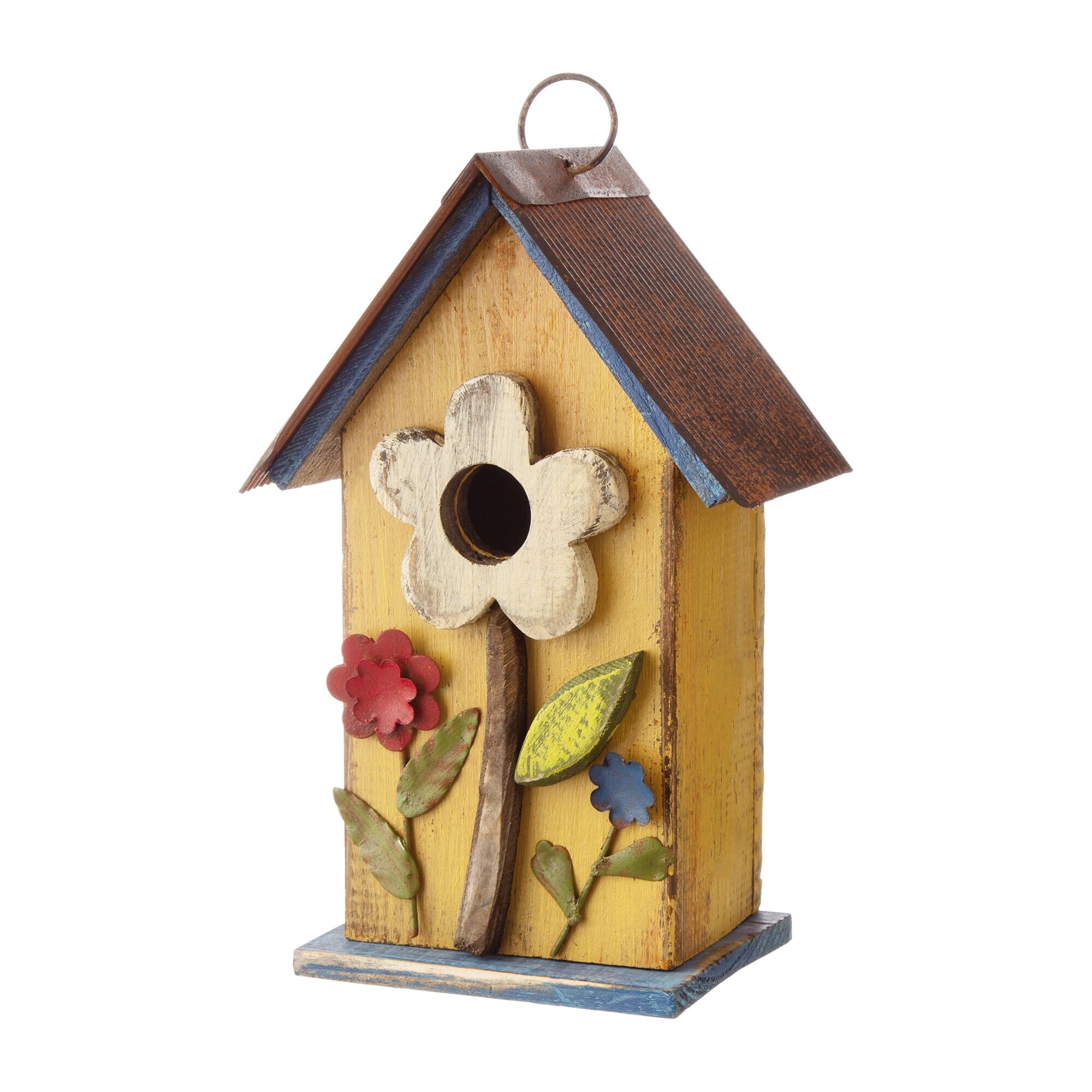 Yellow Distressed Solid Wood Birdhouse with 3D Flowers