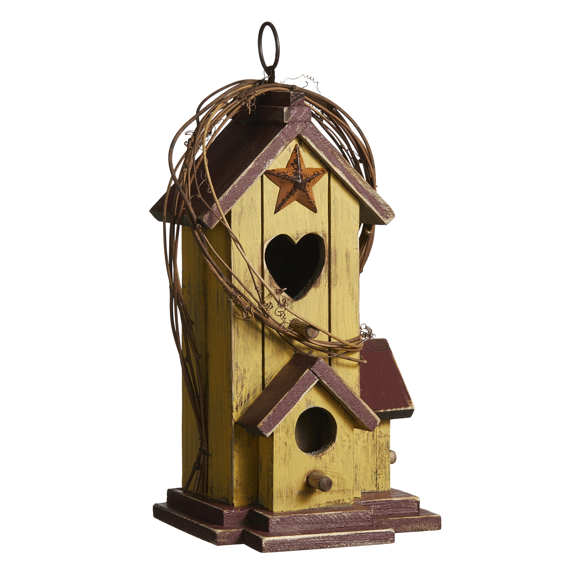 11.5 in Washed Yellow Distressed Solid Wood Cottage Birdhouse with Rattan