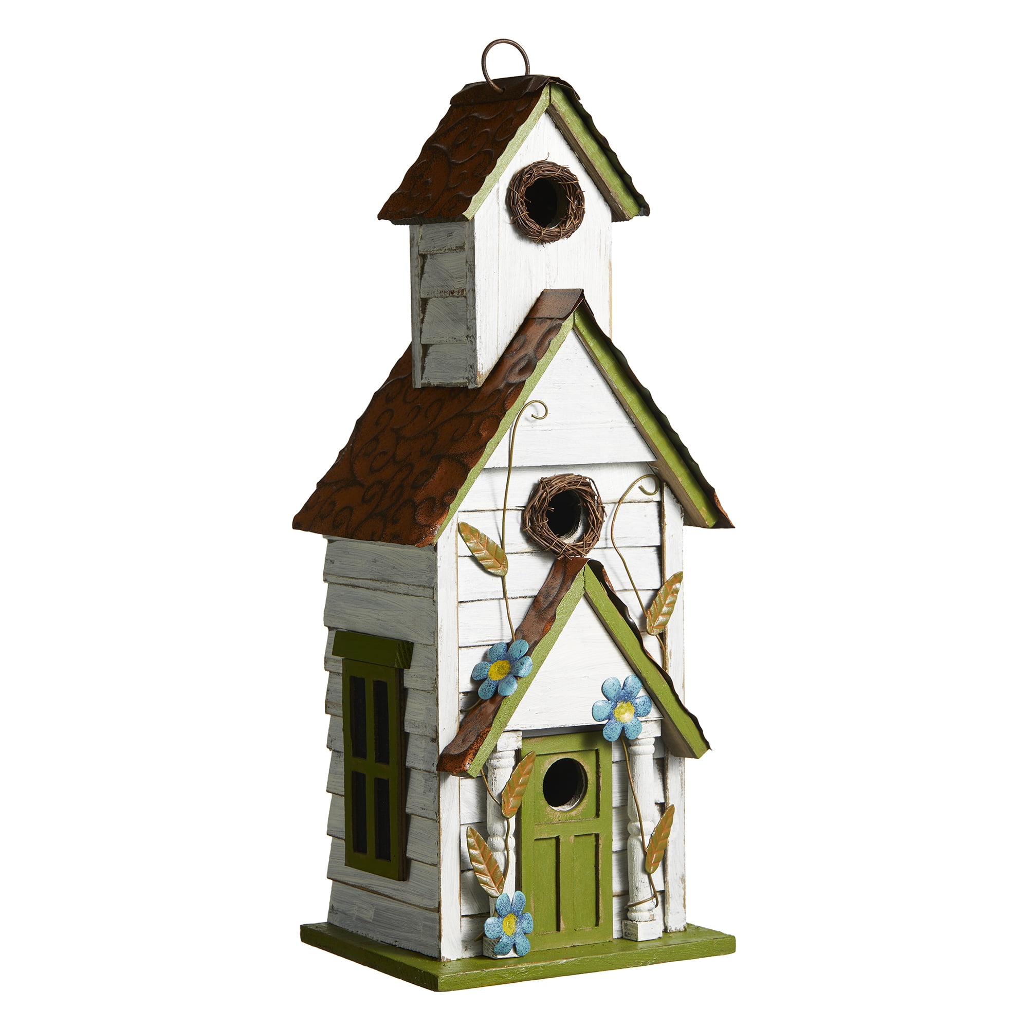 Oversized Distressed White and Green 3-Story Villa Wood Birdhouse
