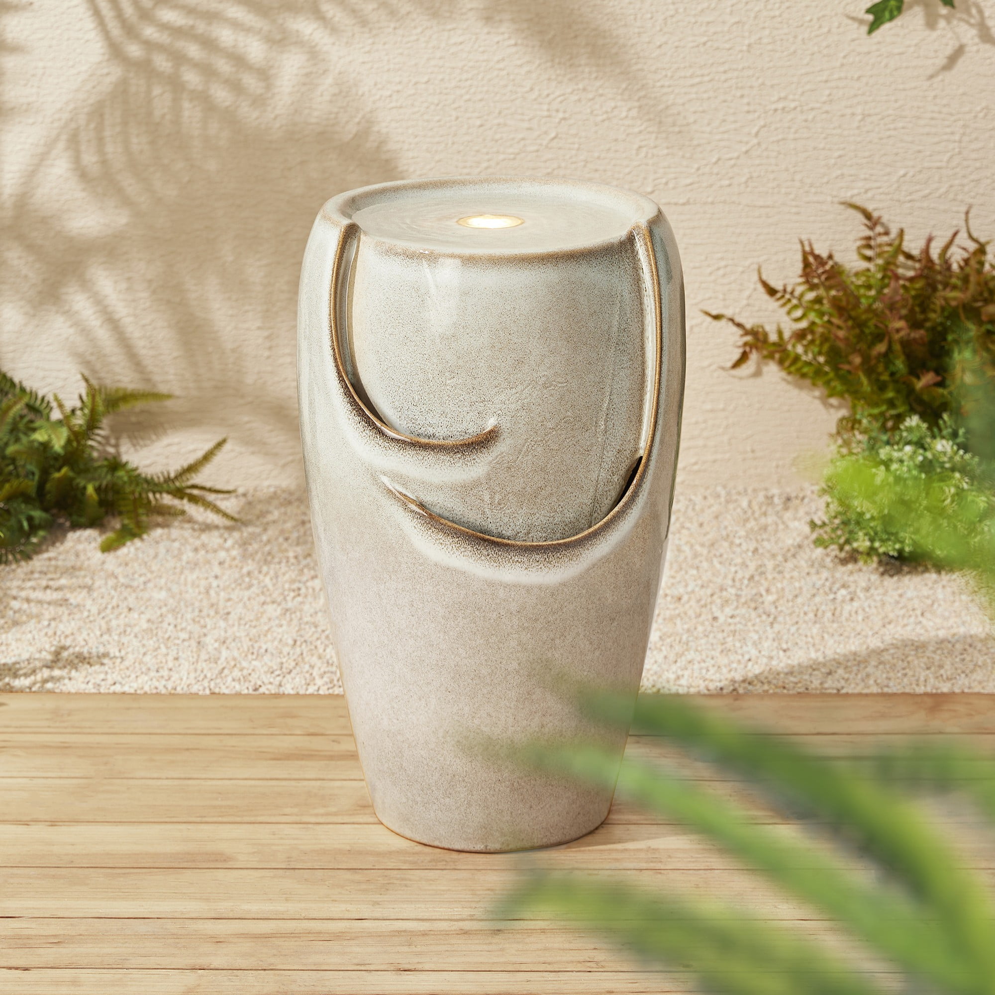 Sand Beige Ceramic Novelty Fountain with LED Light