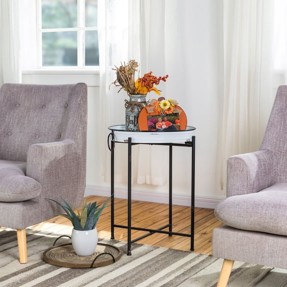 Glitzhome 24.4"H Farmhouse Rustic Enamel Metal Planter Stand End Table White-Old Stock