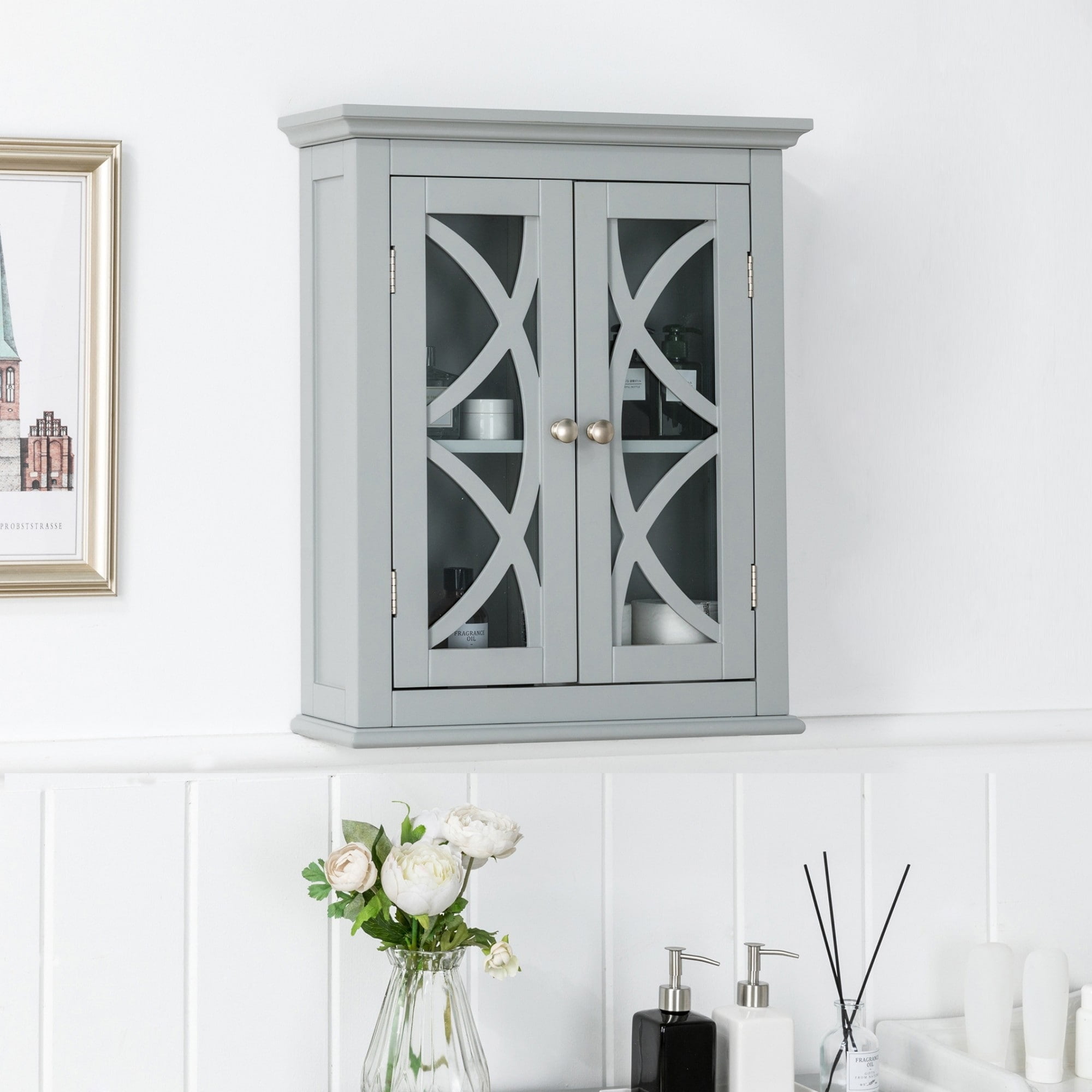 Glitzhome 24"H Gray Bathroom Storage Wall with Double Doors