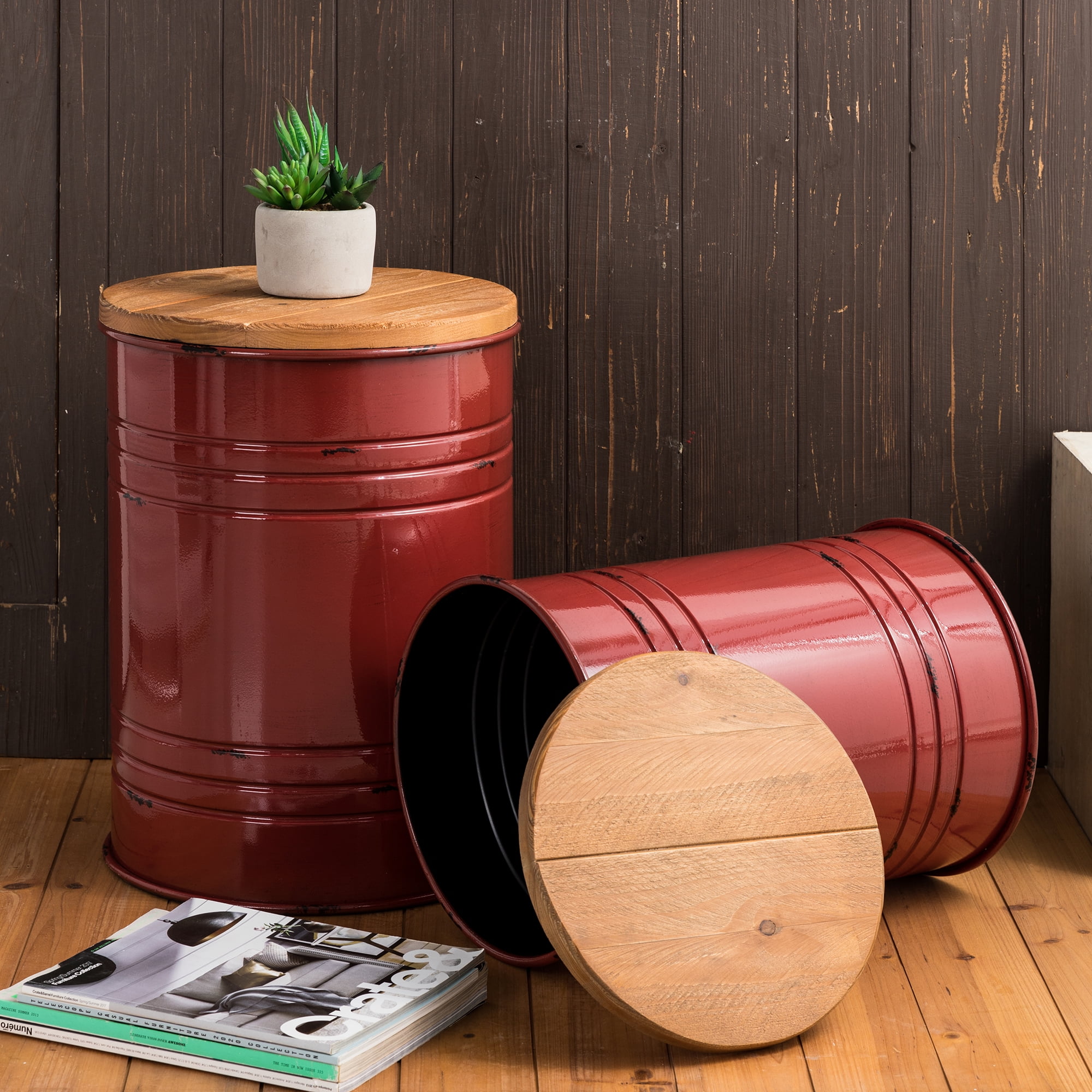 Rustic Red Iron & Pine Wood Storage Accent Table/Stool Set