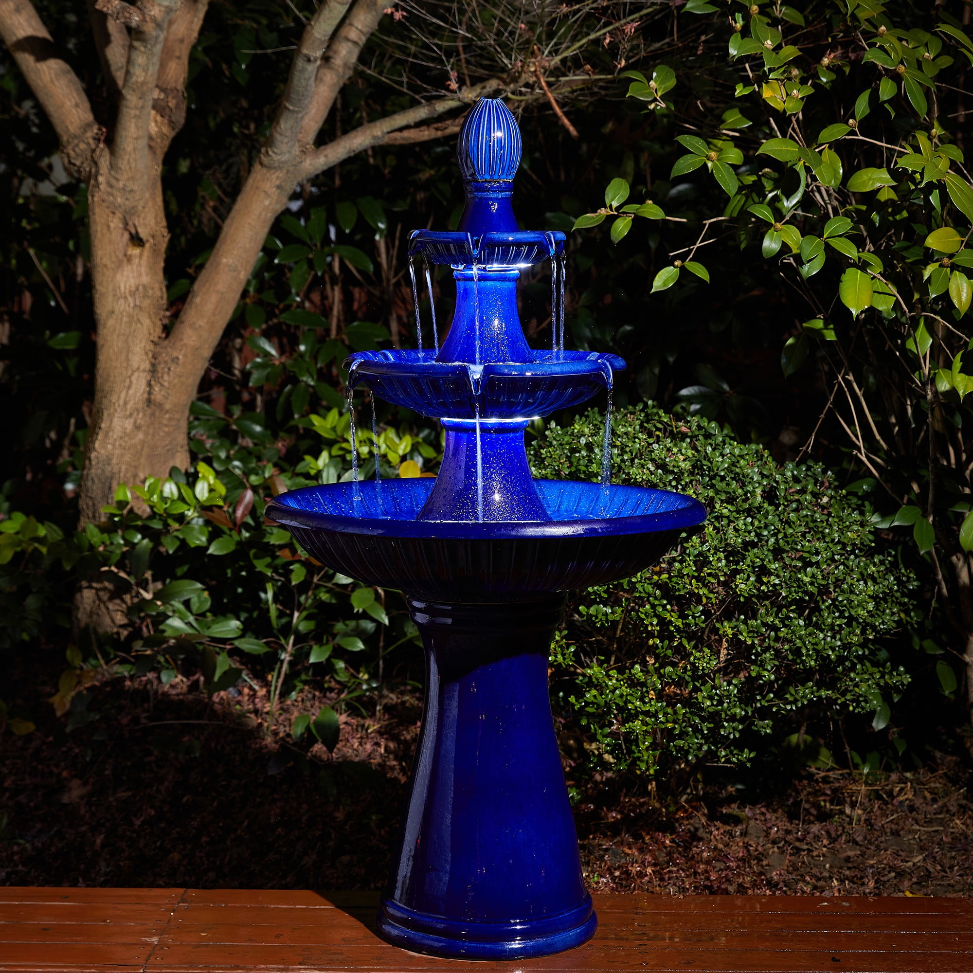45.25" Cobalt Blue Ceramic 3-Tier Outdoor Fountain with LED Light