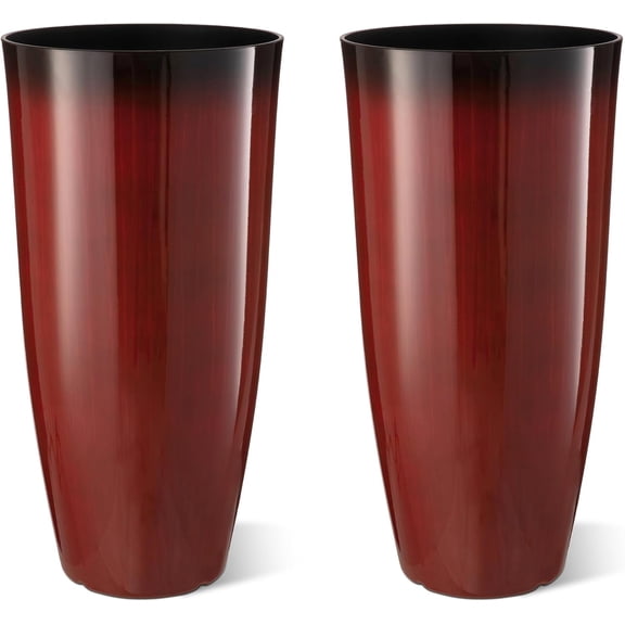 Glitzhome 30" H Oversized Tall Planter, Set of 2 Large Outdoor Planters with Drainage Holes, Gradient Red Faux Ceramic Finish, Large Flower Pots Plastic Plant Pots for Indoor Outdoor Front Door Patio