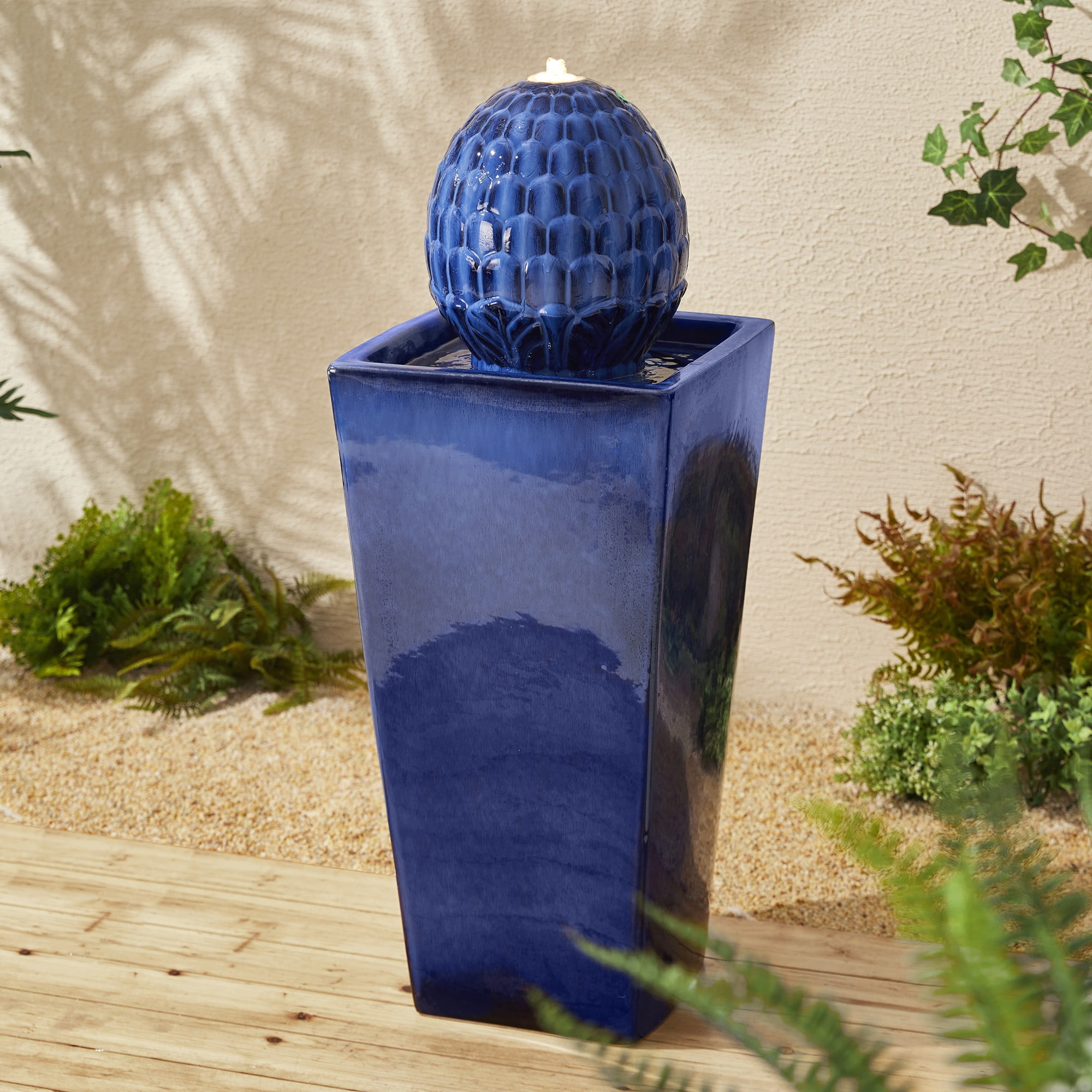 Tall Cobalt Blue Ceramic Artichoke Pedestal Fountain with LED Light