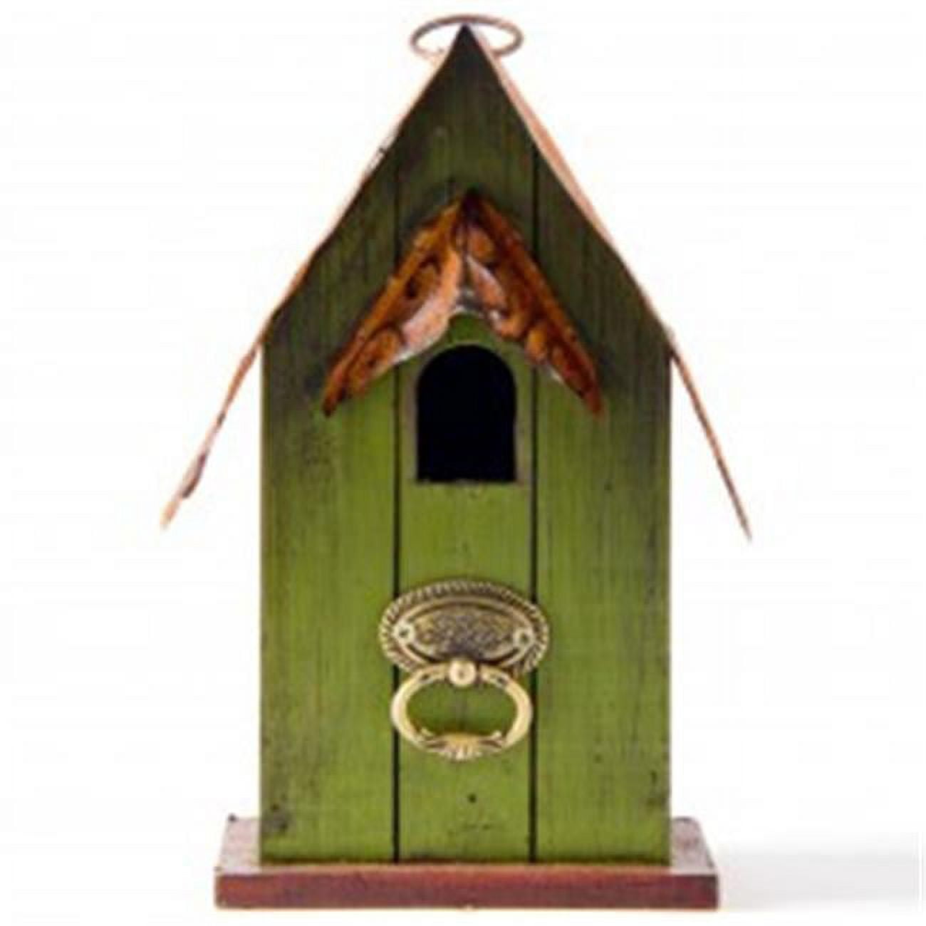 Green Distressed Wooden Birdhouse with Metal Roof