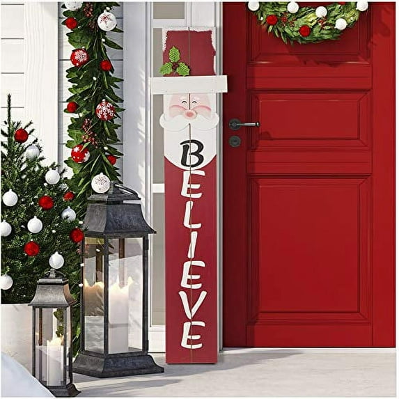 Glitzhome 42.00"H Christmas Wooden Welcome Sign Santa Porch Sign - Believe Hanging Signs Christmas Decoration For Front Door Wall Display