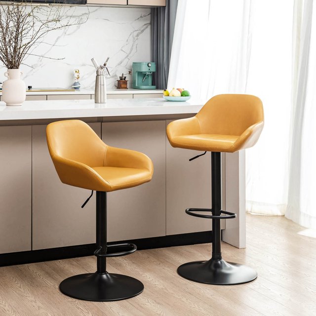 Glitzhome 42"H Mid-Century Adjustable Faux Leather Swivel Bar Stools