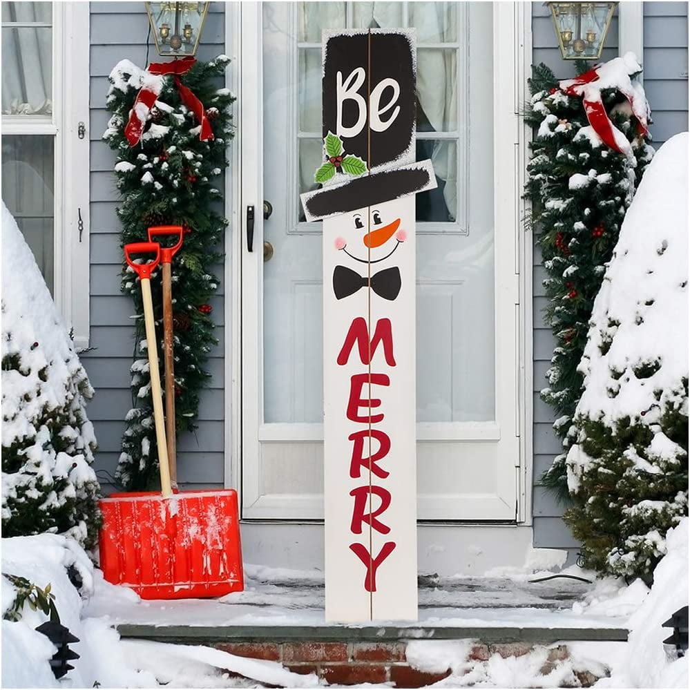 Glitzhome 42″H Wooden Welcome Sign Snowman Vertical Porch Sign – MERRY Hanging Signs Christmas Decorations for Front Door Wall Display