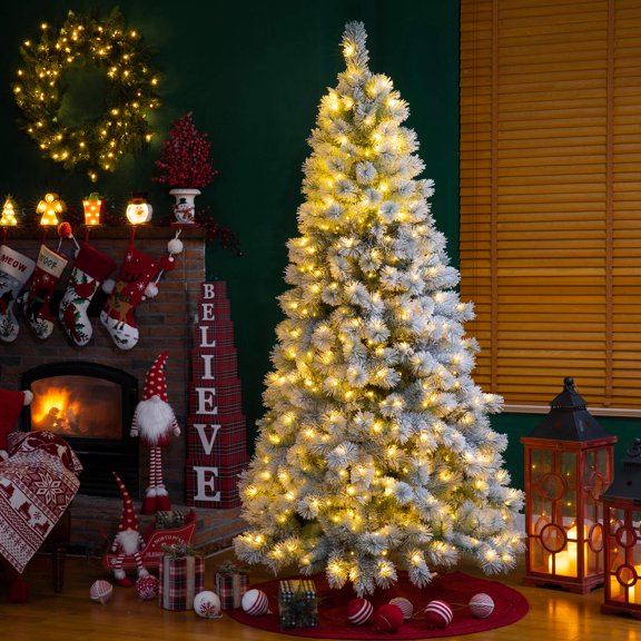 Glitzhome 7.5ft Pre-Lit Snow Flocked Artificial Spruce Christmas Tree with Warm White Lights