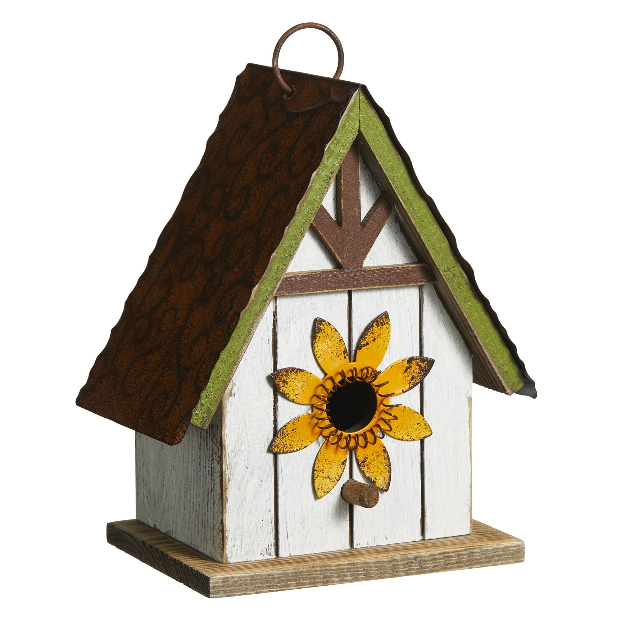 Distressed White and Brown Solid Wood Birdhouse with 3D Metal Flower