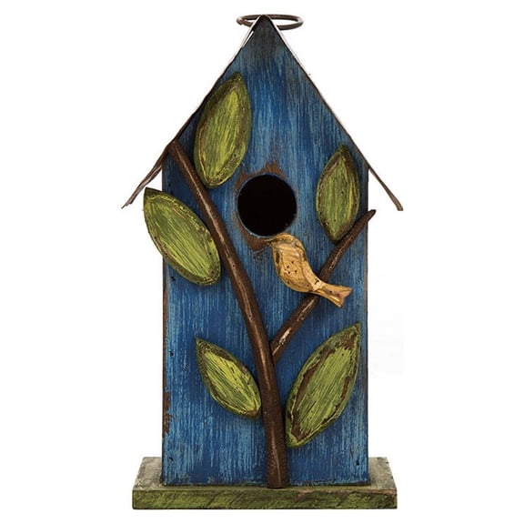 Glitzhome 9.7" H Hanging EC36&nbsp;Bird House for Outdoor Patio Garden Decorative Pet Cottage Distressed Wooden Birdhouse, Blue Leaves