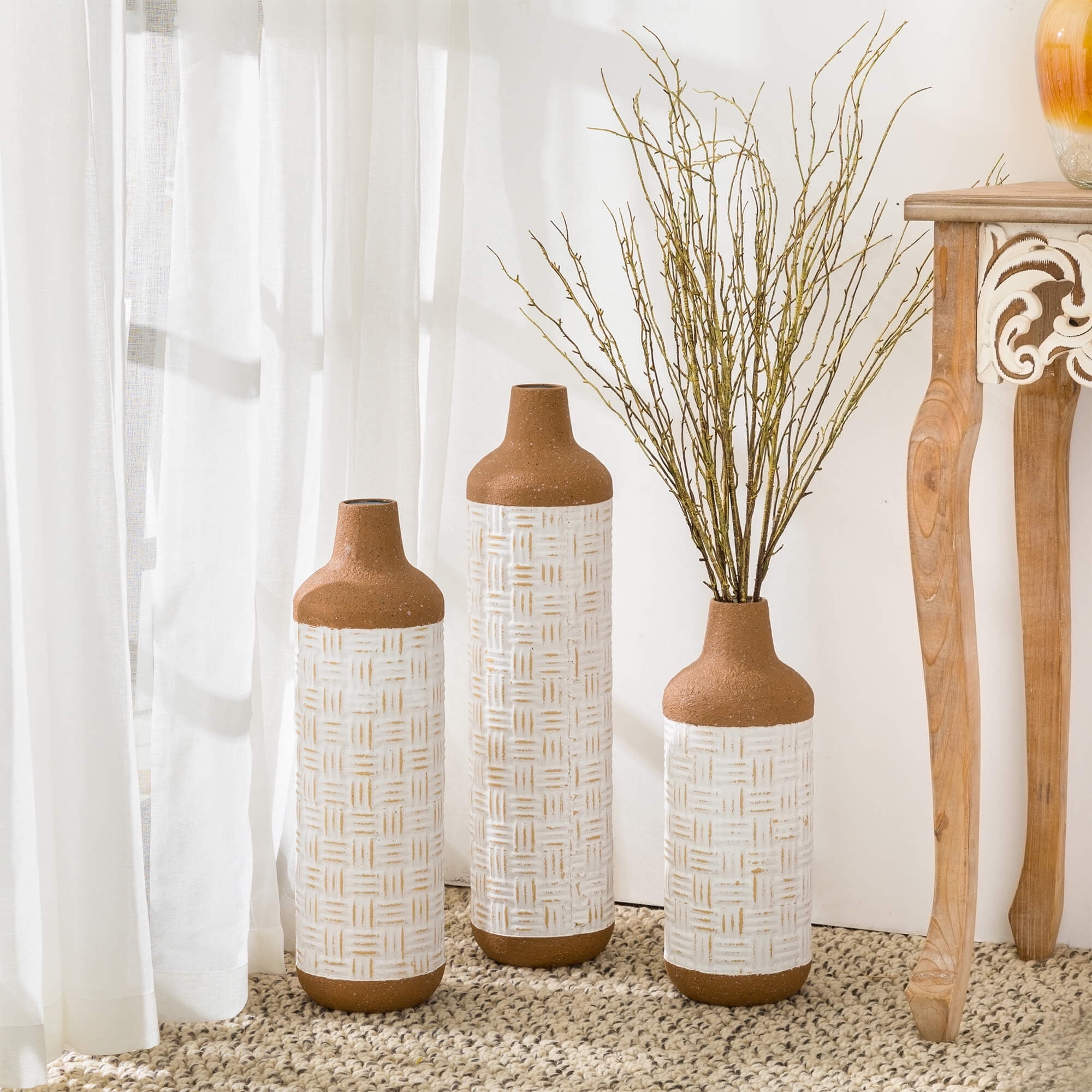 Nordic Distressed White and Tan Metal Bottle-Shaped Table Vase Set