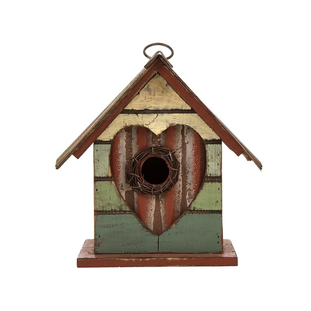 Distressed Multicolor Wooden Birdhouse with Heart-Shaped Entryway