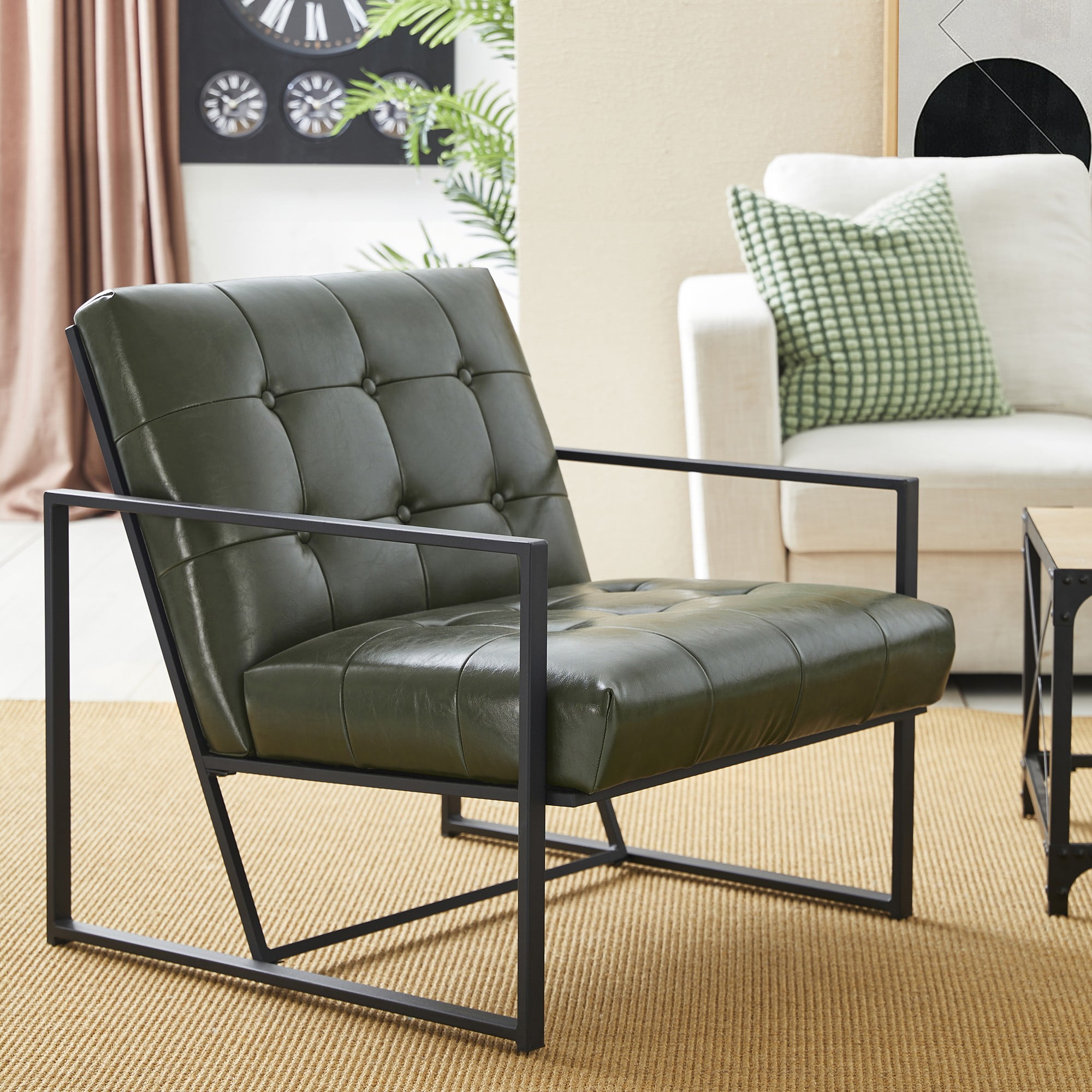 Hunter Green Faux Leather Button-Tufted Accent Chair with Metal Frame