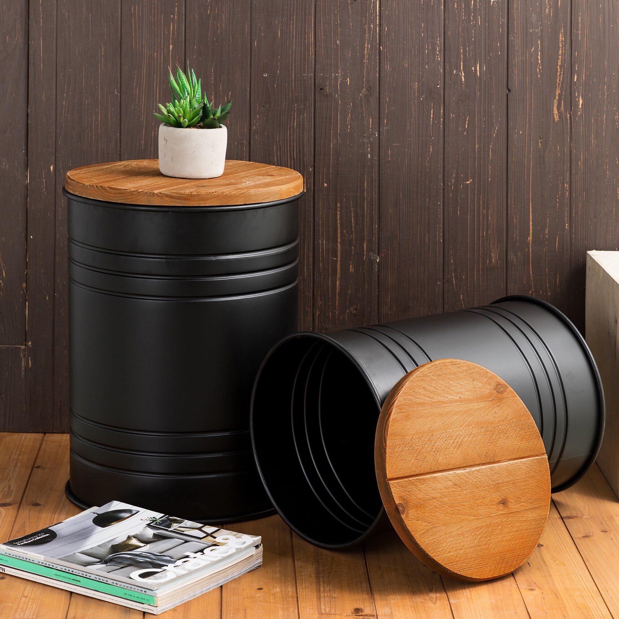 Glitzhome Industrial Farmhouse Round Storage Side Tables (Set of 2 ...