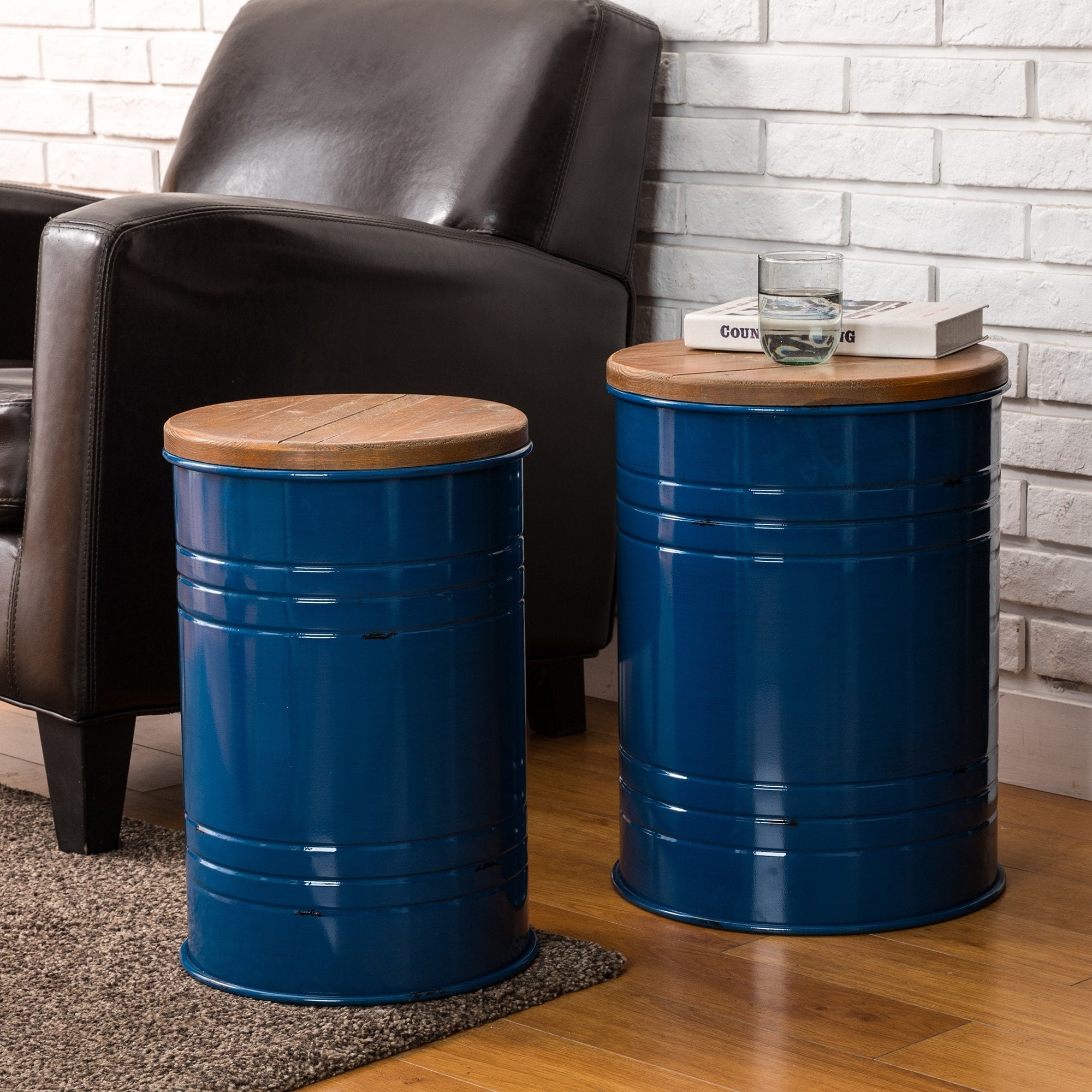 Hunter Green Round Metal & Wood Storage Accent Table Set