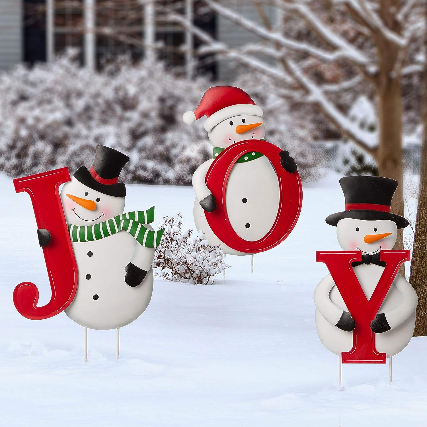 Glitzhome JK44436 Christmas Yard Stakes Signs Metal Xmas Joy Snowman