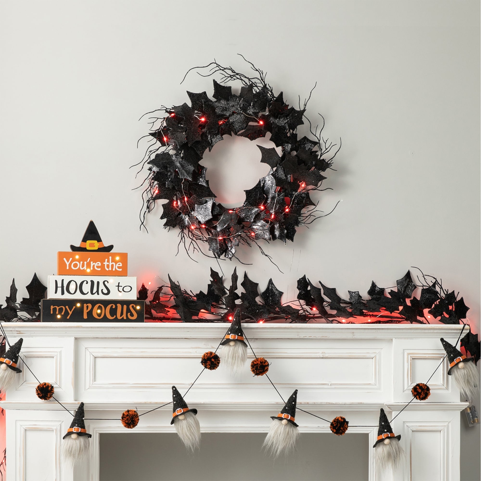 Glitzhome LED Lighted Halloween Bat Garland Wreath Wall Hanging Decor 2