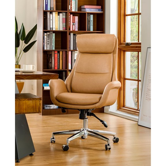 Glitzhome Mid-Century Modern Leatherette Adjustable Office Chair Camel