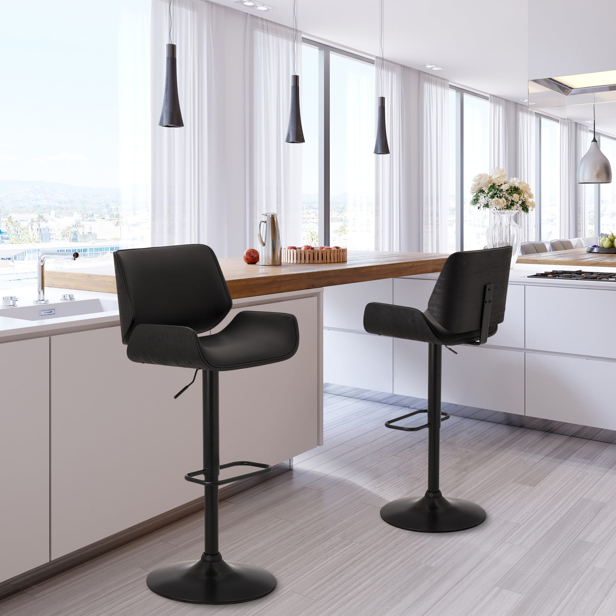 Black Adjustable Height Swivel Bar Stools with Leather and Metal