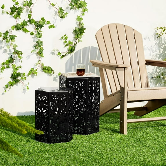 Glitzhome Outdoor Side Tables Set of 2 Decorative Garden Stools,Heavy Duty Metal Cutout Floral Pattern Hexagonal Modern End Table Stand Accent Table, Black