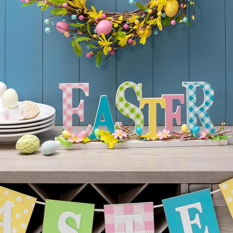Glitzhome Plaid Wooden Easter Table Sign Decor with Flowers and Rattan ...