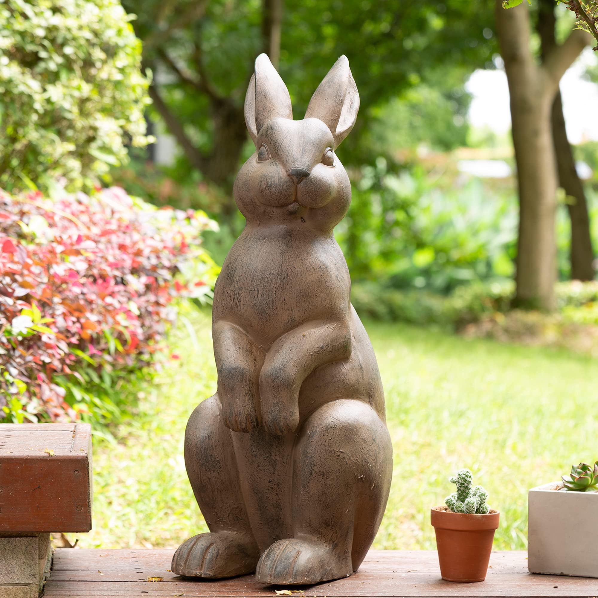 Bronze Distressed Standing Rabbit Garden Statue, 22.75 Inch