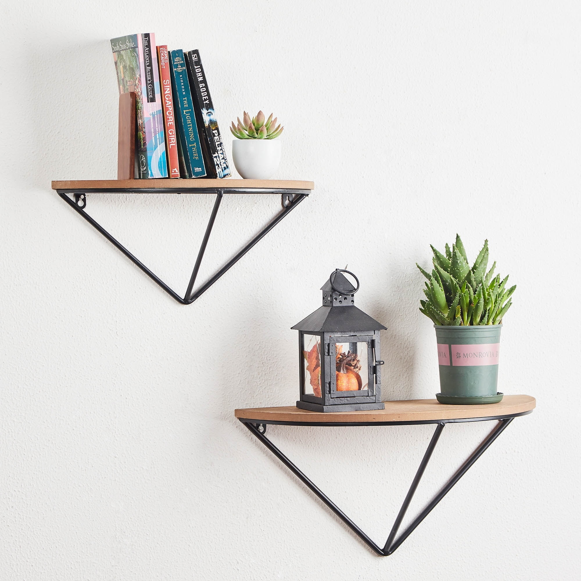 Farmhouse Modern Half-Round Firwood and Metal Floating Wall Shelves, Set of 2