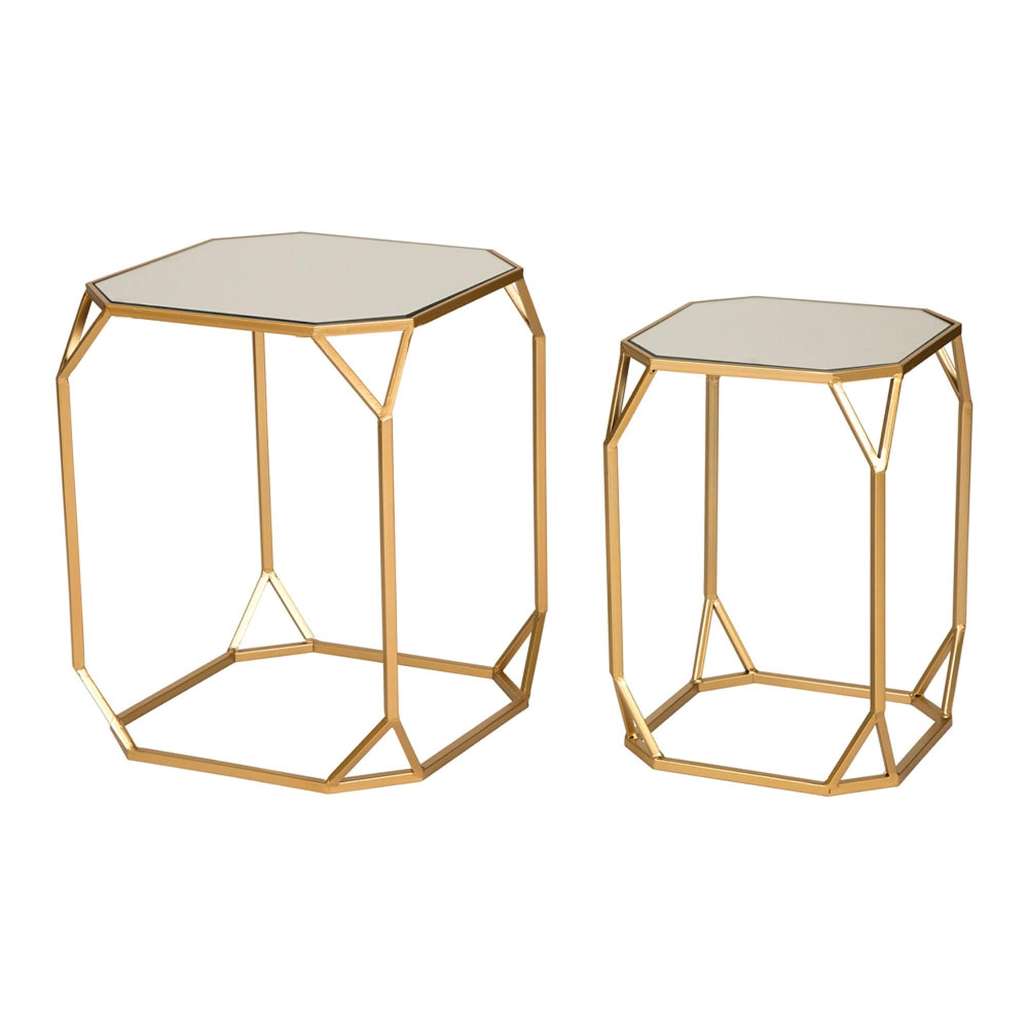 Curved Gold Metal Nesting Tables with Mirrored Glass Top - Set of 2