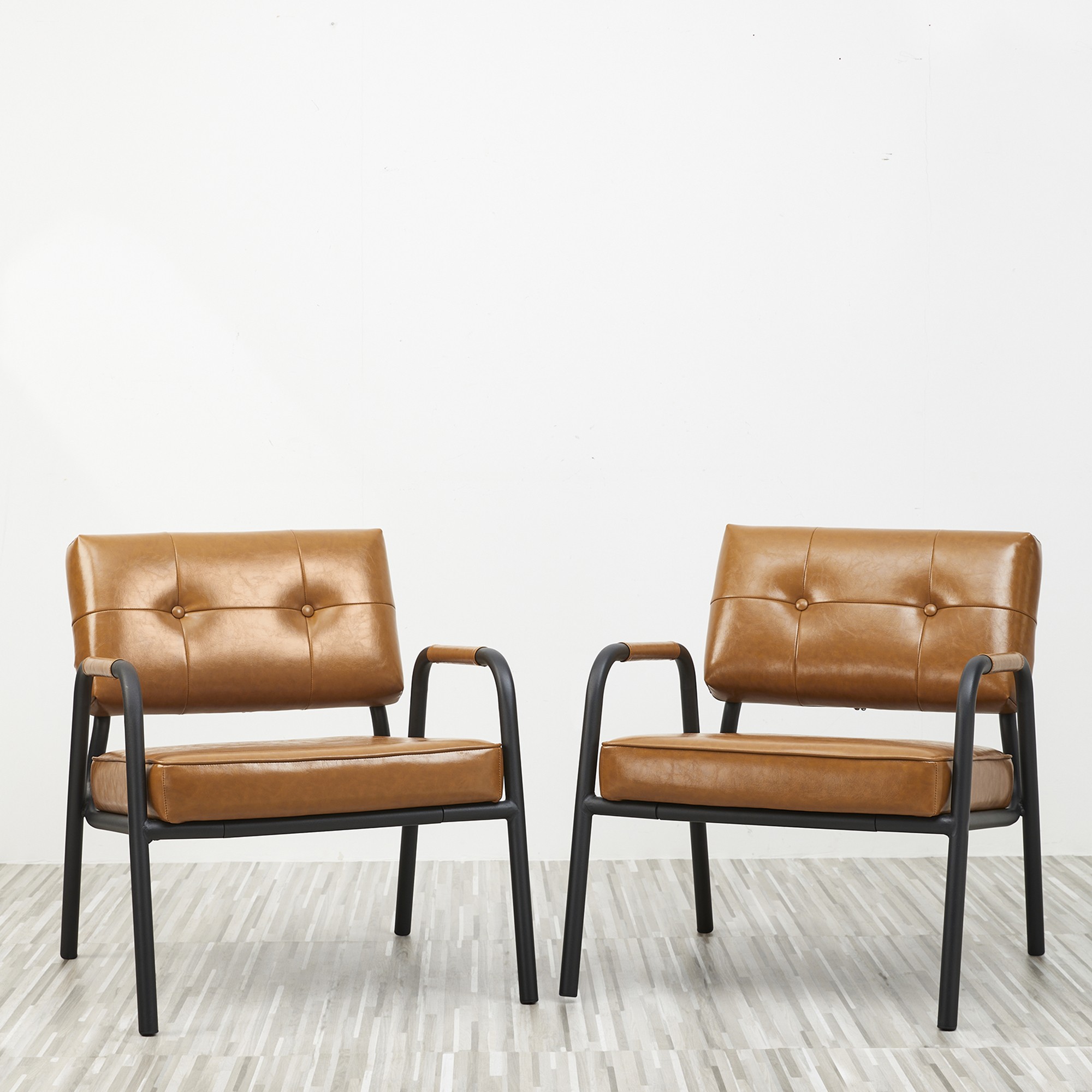 Glitzhome Set of 2 Light Brown Leatherette Arm Accent Chair With Frosted Black Metal Frame