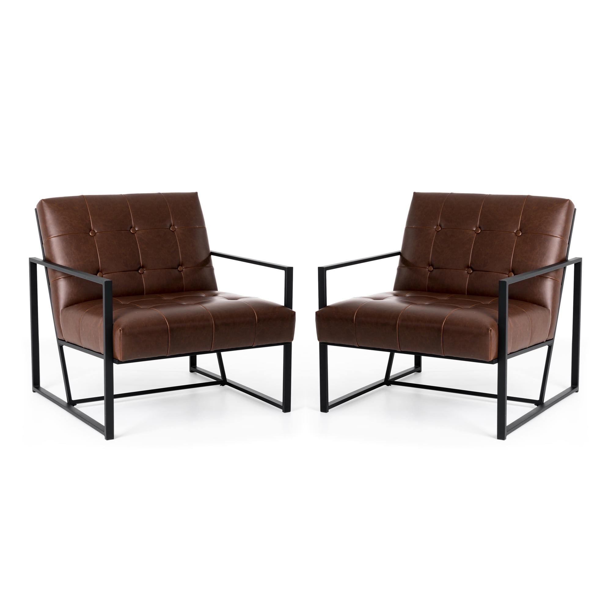 Set of 2 Brown Faux Leather and Metal Accent Chairs