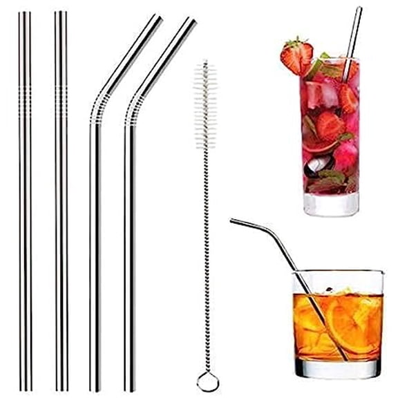 Glitzkiva Stainless Steel Straws with Cleaning Brush for Kids & Adults, Bent Reusable Metal Straws, Paper Packaging Cutlery (Pack of 2 Straight & 2 Bent Reusable Metal Straws, Silver)
